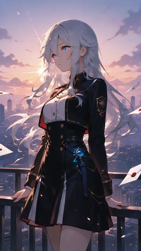 Beautiful Female Delivery Man Holding a Magic Letter、Long Silver Hair、Mysterious Blue Eyes、Fitted Black Uniform、Glowing Delivery Bags、cityscape at dusk、Floating Letter、Magical Light、misty atmosphere、low angle
