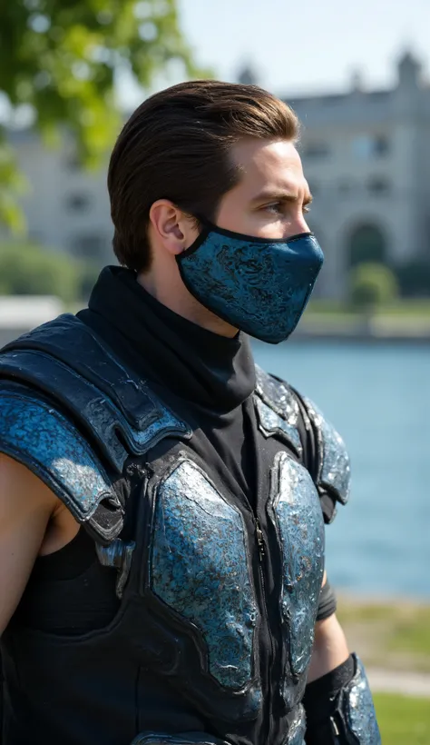 Ultra-realistic 8K cinematic portrait of Jake Gyllenhaal reimagined as Sub-Zero from Mortal Kombat, upper body close-up.
He wears a detailed black and metallic-blue armor with cold reflections, layered textures of carbon steel and frost-like patterns glowi...