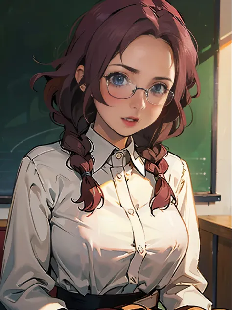1women, geek girl, mature, 25 years old, very pretty, English, open mouth, blush, braids, glasses, large breasts, blouse, plaited skirt, upper body shot, classroom 