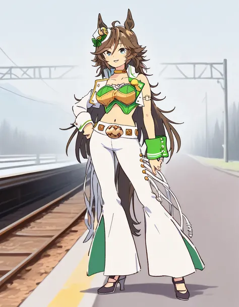 masterpiece masterpiece, ultra-HD, impressionism, high detail, best quality, very aesthetic, 8k, best quality, beautiful, anime coloring , mr. c.b. (umamusume), solo , big breast , strapless shirt, white skin tight pants , high-waisted and flared pants , ...