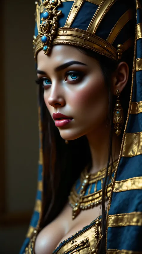 portrait, close-up of Cleopatra as a female sphinx, epic,  big head , passionate,  stylized , sexy, heroic, Beautiful, detailed light blue eyes, snub nose, full lips, Golden skin, wearing a pharaoh's headdress with blue and gold stripes, blue and gold Egyp...