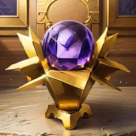 A purple glass ball with a golden pedestal is placed on the table