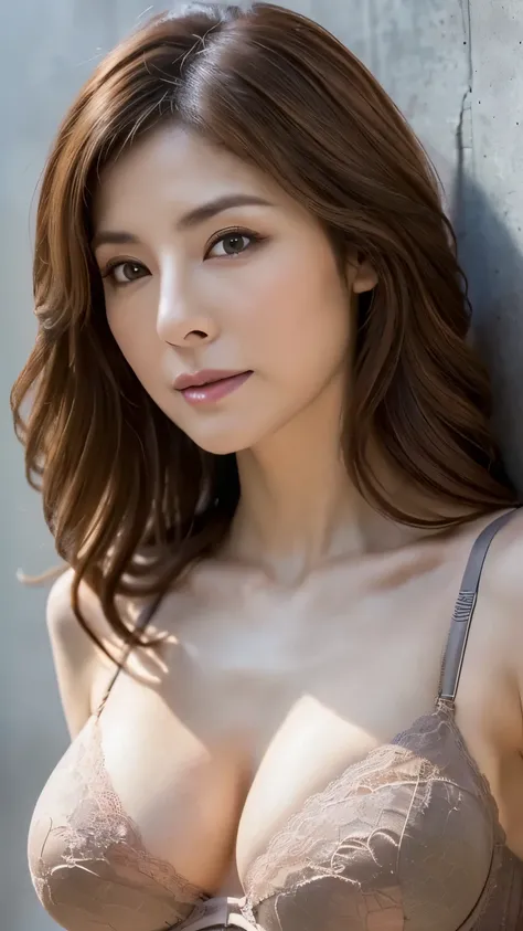 very detailed, masterpiece , Highest Quality, (( realistic)) 、((mature 50 year old Japanese woman)) 、beautiful detailed eyes 、(( Natural makeup))、((big boobs)), ( Slim, skinny body:1.6)、((bright brown hair、Large Wavy Medium Hair)), Elegant and sophisti...