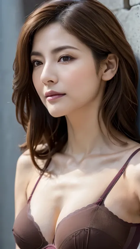 very detailed, masterpiece , Highest Quality, (( realistic)) 、((mature 50 year old Japanese woman)) 、beautiful detailed eyes 、(( Natural makeup))、((big boobs)), ( Slim, skinny body:1.6)、((bright brown hair、Big Wavy Medium Hair)), Elegant and sophistica...