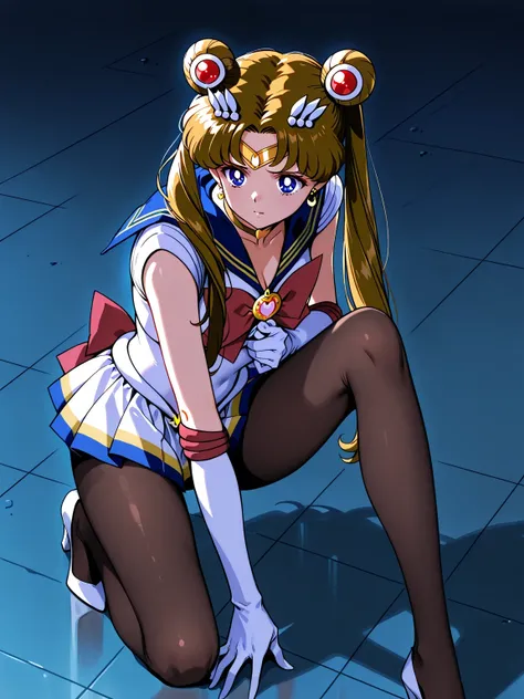 Bas noir 0 deniers,talons hauts blancs,Super Sailor Moon,cheveux bruns,s'accroupit,Atteindre le sol sur un genou,sol carrelé,Éclairage indirect