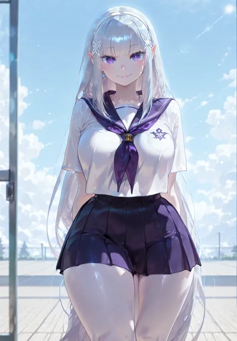 safe_pos, 1girl, Balecxi_Style, Emilia \(Re Zero)\, solo female, no background, day time, indoor,  standing, standing straight, big breasts, silver hair, long hair, purple eyes, cute smile, curvy, thick thighs, long legs, school uniform, mini skirt, bare l...