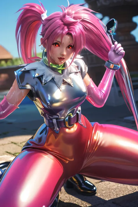 [[[NSFW]]]　perfect anatomy　Highest Quality,highest resolution,(((shiny latex white clothes　shiny pink loose pants　shiny pink hair　　ponytail　Red Eyes　sweat　shiny skin)))　Tales of Fantasia　Arche 