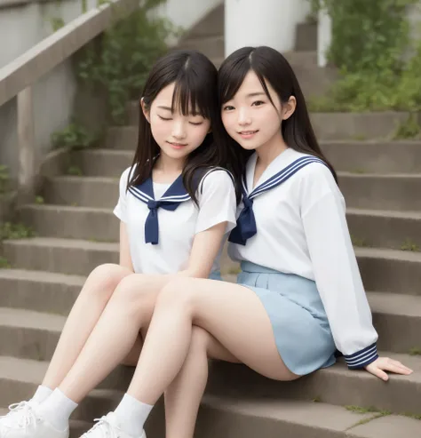 8K Wallpaper,younger、 sailor suit、白色の sailor suit、 mini skirt、 sitting on the stairs、 slim figure that can be seen up to the waist、 girls、 stylish hairstyle 、 sitting on the stairs、半袖の sailor suit、My Stomach Is Split in Two and I Can See Everything、 tight ...