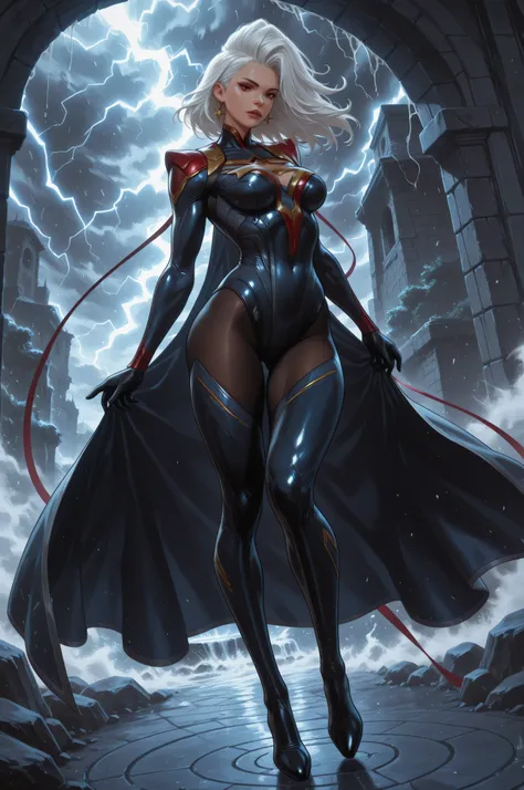 good body, tight-fitting full-body jumpsuit that covers practically everything from neck to toe, pantyhose on the thigh, Storm (Marvel Rivals),Full HD, masterpiece, best quality, well detailed, without errors, 1 girl
