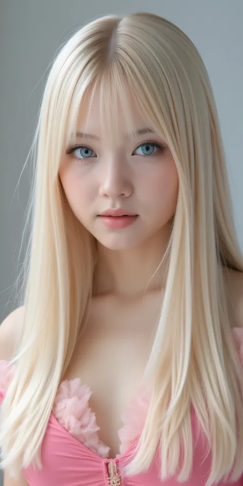 19 year old girl with beautiful cute young face,beautiful beautiful long platinum blonde hair,super long straight silky platinum blonde hair、 Half Body Shot ,Beautiful long bangs,beautiful bangs between eyes,Bangs covering the forehead、striped hair on men'...