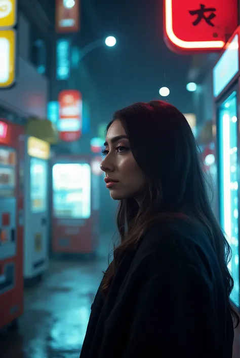 Ultra-realistic cinematic night portrait in Tokyo, illuminated by neon lights and vending machines. The central focus is a beautiful woman with warm features inspired by Latin beauty, wearing modern black fashion. She gazes into the distance with a lost, r...