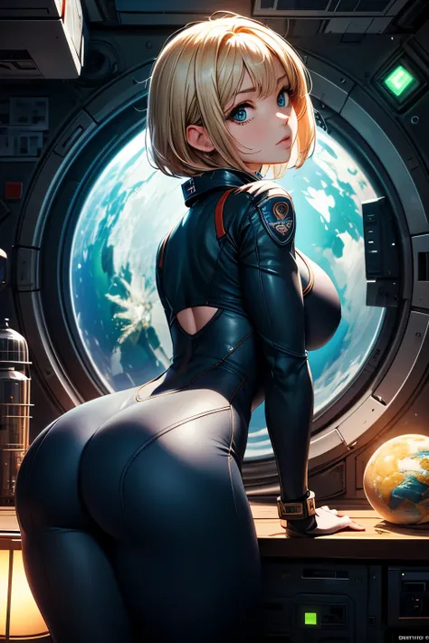 Masterpiece, highest quality, extremely detailed depiction, 1girl. In a rusted, crumbling space station with a view of Earth from the window, there is a girl wearing a silver spacesuit on this side of the window. Space debris is floating in the universe. S...