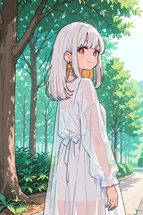 Girl in a white dress looking back and smiling in the shade of a tree filtering through the trees、move big、transparent dress、Laughter like the sun、 zoom angle