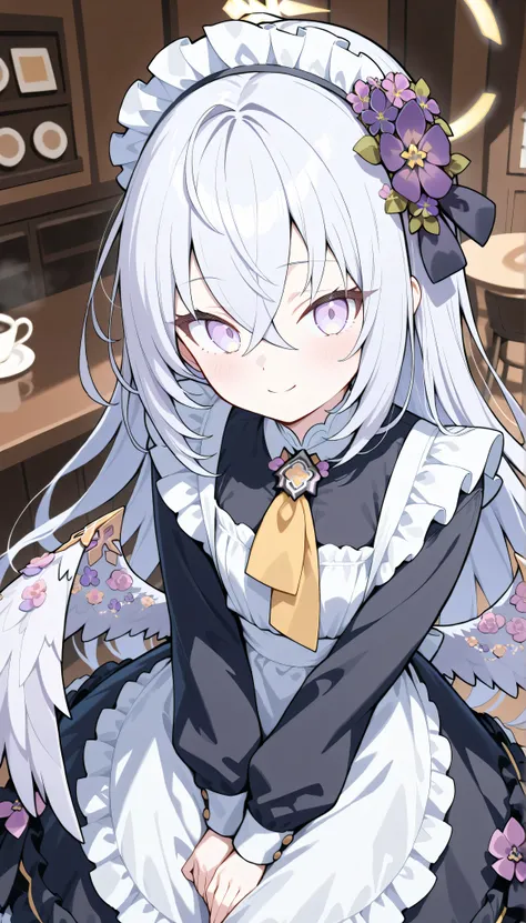 azusa (blue archive),purple eyes,white hair,long hair,wings,hair flower, madi apron, maid, maid headdress, long sleeves, solo, I can see my eyebrows from the inside of my hair, hair between eyes, masterpiece, Best Quality, very aesthetic, indoor, smile, c...