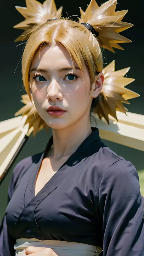 Temari from Naruto Shippuden, half-body portrait, realistic and ultra-detailed, HD quality. She has blonde hair tied into four spiky ponytails, wear black kimono, wearing her signature dark purple battle outfit with a beige sash and a giant folding fan vis...