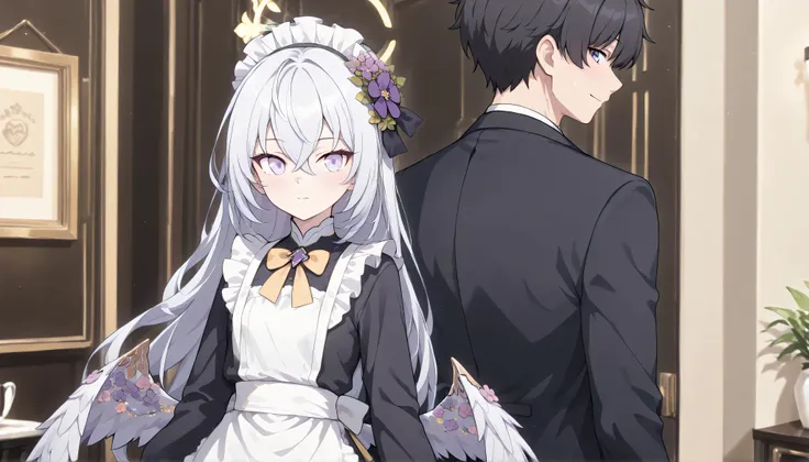 1girl and 1male(azusa (blue archive),purple eyes,white hair,long hair,wings,hair flower,　madi apron, maid, maid headdress, long sleeves,　next to,　Kevin, masterpiece, Best Quality, very aesthetic, 1male, cool, Adult male, Height 175cm, male college student,...