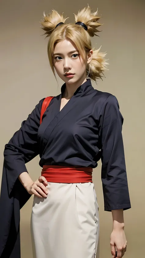 Temari from Naruto Shippuden, half-body portrait, realistic and ultra-detailed, HD quality. She has blonde hair tied into four spiky ponytails, wear black kimono, wearing her signature dark purple battle outfit with a beige sash and a giant folding fan vis...