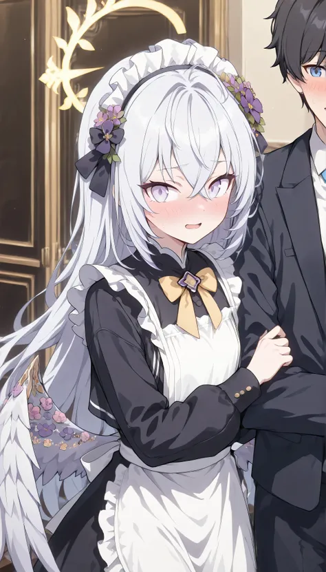 1girl and 1male(azusa (blue archive),purple eyes,white hair,long hair,wings,hair flower,　madi apron, maid, maid headdress, long sleeves,embarrassed, blush,open mouth,　next to,　Kevin, masterpiece, Best Quality, very aesthetic, 1male, cool, Adult male, Heigh...