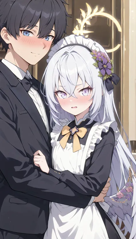 1girl and 1male(azusa (blue archive),purple eyes,white hair,long hair,wings,hair flower,　madi apron, maid, maid headdress, long sleeves,embarrassed, blush,open mouth,　next to,　Kevin, masterpiece, Best Quality, very aesthetic, 1male, cool, Adult male, Heigh...