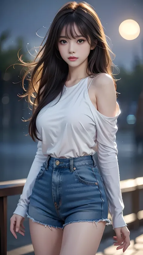 1 girl, 19 years old, ((city in Vietnam)), dark brown hair, purple eyes, hair ornament, ((cowboy photo)), ((Beautiful lonely woman standing under bright full moon, night wind blowing her hair, sad dreamy expression, cinematic lighting, soft bokeh, misty at...