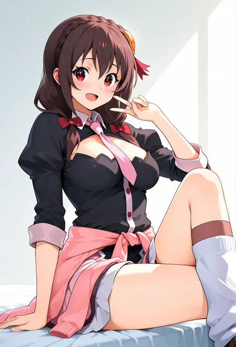 Yunyun konosuba,Crimson Eyes,is embarrassing、blush、happy、Open His Mouth、 noon、school、Highest Quality,(wrap pink cardigan around waist),(rolled up blouse),(loose socks)、Look to the side、side view