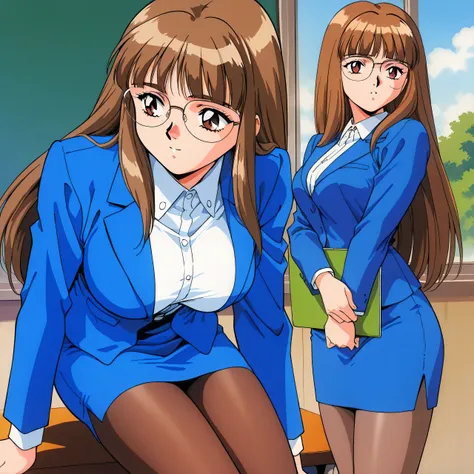 masterpiece, highest quality, high quality, Iijima _sensei, brown hair, long hair, brown eyes, unkempt bangs, big boobs, 1990s \( style\), anime painted , shirt, long sleeve, blue jacket , collared shirt, white shirt, pencil skirt,
indoor, ...