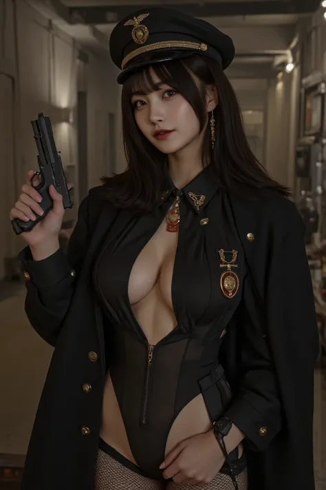 (((1930s military port:2.0))),((Midnight base:2.0)),(((WW2 Era Atmosphere:2.0))),((Hold up Walther PPK:2.0)),one woman,(cute face:2.0),(Beautiful well-balanced face :2.0),(Wavy Black Hair:1.5),(beautiful eyes:1.3),Glamorous Shot of a 20-Year-Old Japanese W...