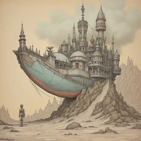 capolavoro, best quality, extraordinary quality,molto estetico,absurdres, most recent , Woman standing on an unknown planet, wreck of a spaceship shaped like a gondola behind her, looks out at the galaxy with a thoughtful air, futuristic spacesuit, Burano'...