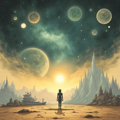 capolavoro, best quality, extraordinary quality,molto estetico,absurdres, most recent , Woman standing on an unknown planet, wreck of a spaceship shaped like a gondola behind her, looks out at the galaxy with a thoughtful air, futuristic spacesuit, Burano'...