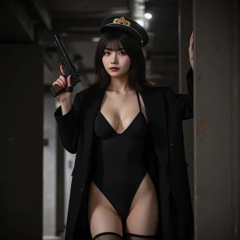 (((1930s military port:2.0))),((Midnight base:2.0)),(((WW2 Era Atmosphere:2.0))),((Hold up Walther PPK:2.0)),one woman,(cute face:2.0),(Beautiful well-balanced face :2.0),(wavy black hair:1.5),(beautiful eyes:1.3),Glamorous Shot of a 20-Year-Old Japanese W...