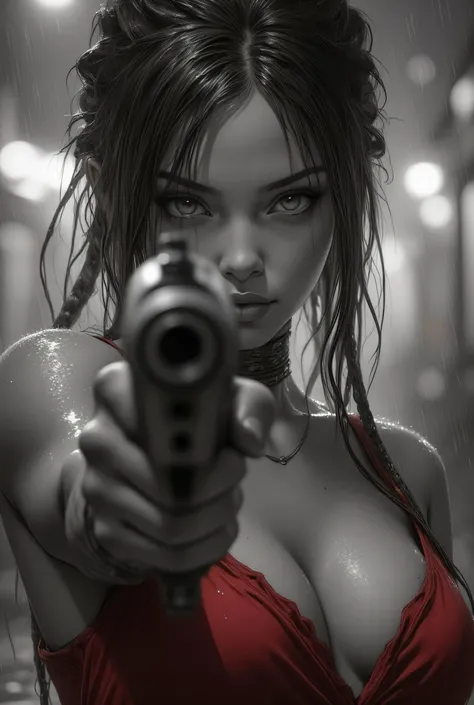 Subject/Composition:
Black and white (monochrome), ultra-detailed, cinematic portrait of:
Soggetto
• 1 breathtaking woman
• (facing viewer, looking at viewer, intense gaze)
• (holding a gun (perfect design), aiming at th viewer)
• (challenge smile, co...