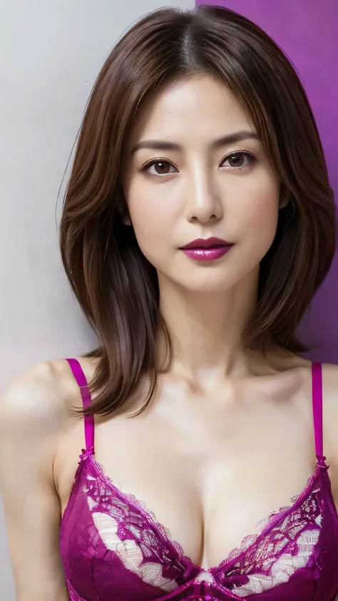 very detailed, masterpiece , Highest Quality, (( Realistic)) 、((mature 40 year old Japanese woman)) 、beautiful detailed eyes 、((makeup、Lipstick))、((crunchy flat chest)), ( Slim, skinny body:1.7)、((bright brown hair、straight long hair)), Elegant and sop...