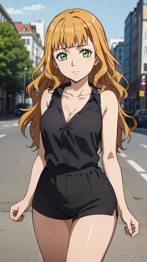 (masterpiece, best quality, high resolution, 8k:1.2), (anime coloring), confused, detailed face, beautiful face, (beautiful eyes, deep eyes), one girl, ((dynamic pose)), mimosa, green eyes, orange hair, long hair, alone, looking at viewer, wavy hair, bangs...