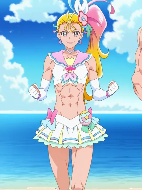 傑作、Best quality、Best resolution、Best image quality、amazing quality、 very aesthetic、 absurdres、anime coloring、anime screencap、anime screenshot、official style、official art、1boy、cure summer is a boy warrior、boy is wearing a white crop top dress、blonde hair、mu...