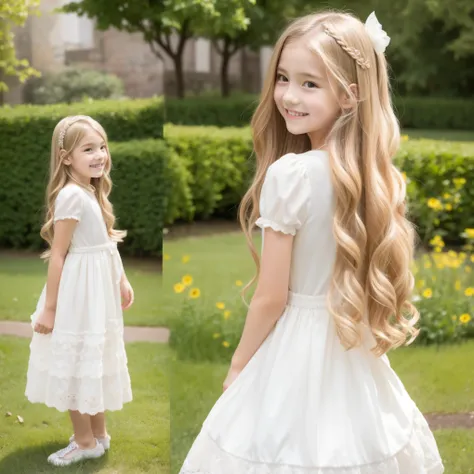 Full Body,English girls,natural smile,long wavy blonde hair,10 years old,