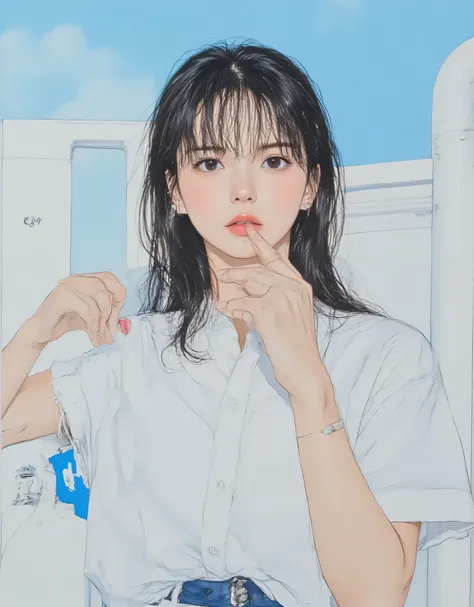 vivid, very detailed, Award-Winning Illustrations, professional. A woman who shyly hides her mouth, embarrassed expression、portrait、Face Focus、((light blue background:1.6))、(((Anatomically correct body))),、Face Focus、sketch style、navy hair、navy eyes、white ...