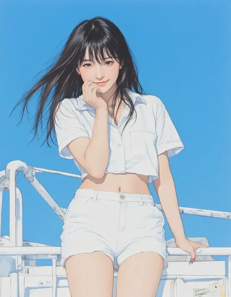 vivid, very detailed, Award-Winning Illustrations, professional. A woman who shyly hides her mouth, Smiling face、portrait、Face Focus、((light blue background:1.6))、(((Anatomically correct body))),、Face Focus、sketch style、navy hair、navy eyes、white short slee...