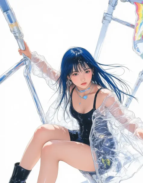 vivid, very detailed, Award-Winning Illustrations, full body, central frame, dynamic configuration, dramatic angle, white background, Rimlight, motion blur, shockwave effect,  Color Flare , Teenage Girls, Bubble Gum Blue Hair, Zero Gravity Long Hair,  navy...