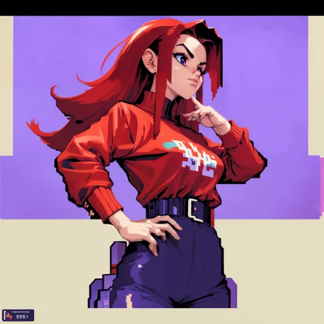 a woman in a red shirt is watching the floating menu in front of her while playing a video game, city with neon as background, 3 0 4 0 x 1 4 4 0 pixel art, 3 0 4 0 x 1 4 4 0, 32-bit pixel art, pixelated art, colorful pixel art, detailed pixel art, detaile...