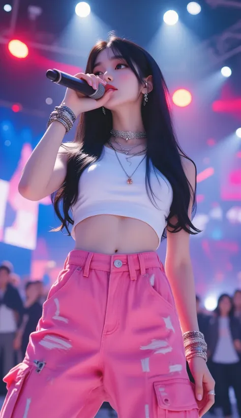 Masterpiece, Best Quality, Ultra Detailed, jiyeon_oc:1.2, Photorealistic, 8K, cinematic lighting,
A dynamic dutch angle shot of a beautiful Korean female hip-hop artist, stage name 'JIYEON', performing live on a music show stage.
She is holding a microphon...