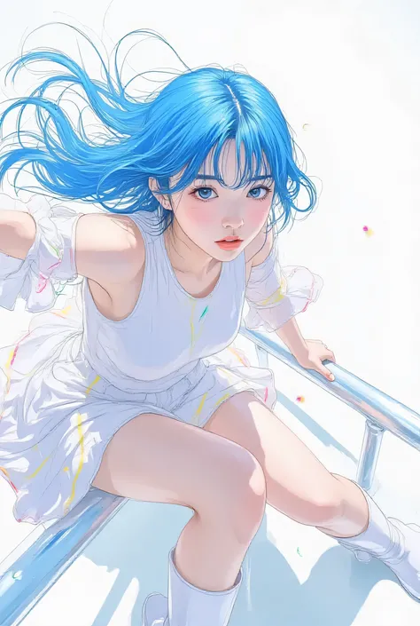 vivid, very detailed, Award-Winning Illustrations, full body, central frame, dynamic configuration, dramatic angle, white background, Rimlight, motion blur, shockwave effect,  Color Flare , Teenage Girls, Bubble Gum Blue Hair, Zero Gravity Long Hair,  navy...