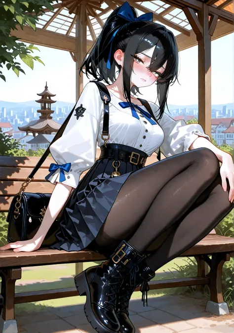 rolua.noa artstyle,style_name,((1girl)), (solo), teenage, aesthetic, pink lips, beautiful, pin-up, black hair, medium hair, high ponytail with a blue ribbon, hair between eyes, sidelocks, porcelain skin, beautiful, grey eyes, medium breast, closed mouth, s...