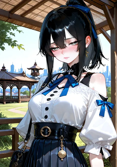 rolua.noa artstyle,style_name, ((1girl)), (solo), teenage, aesthetic, pink lips, beautiful, pin-up, black hair, medium hair, high ponytail with a blue ribbon, hair between eyes, sidelocks, porcelain skin, beautiful, grey eyes, medium breast, closed mouth, ...