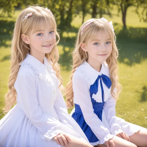 Full Body,European girls,natural smile,blue eyes,Blonde long hair,curled hair,two side up with ribbon,10 years old,