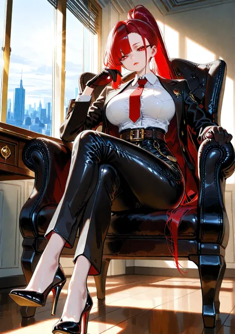 rolua.noa artstyle,style_name,((1female)), (solo), tall female, long legs, aesthetic, red lips, beautiful, pin-up, (long hair, long red hair tied in a sleek ponytail), asymmetrical bangs, porcelain skin, beautiful, (red crimson eyes), (very detailed eyes, ...