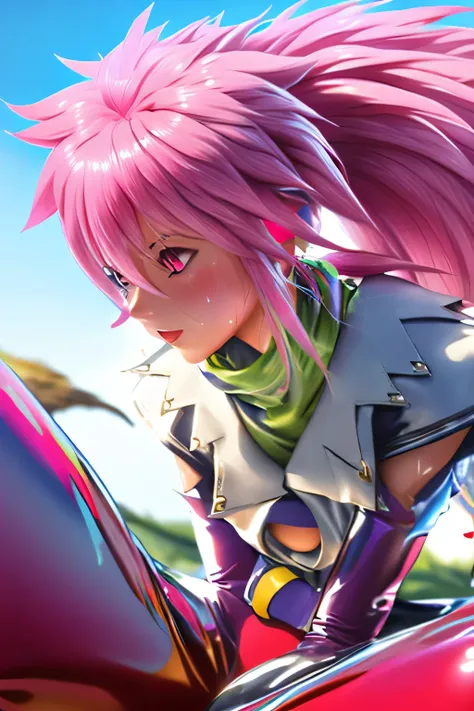 [[[NSFW]]]　perfect anatomy　Highest Quality,highest resolution,(((shiny latex white clothes　shiny pink loose pants　shiny pink hair　Ponytail　Red Eyes　sweat　shiny skin)))　Tales of Fantasia　Arche 