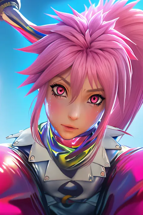 [[[NSFW]]]　perfect anatomy　Highest Quality,highest resolution,(((shiny latex white clothes　shiny pink loose pants　shiny pink hair　Ponytail　Red Eyes　sweat　shiny skin)))　Tales of Fantasia　Arche 