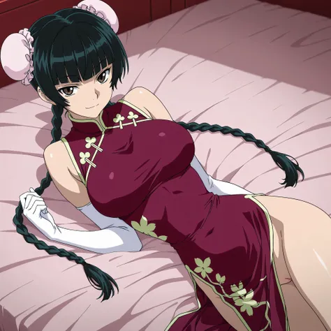 anime coloring,best quality,high resolution,masterpiece,uncensored,fair skin,porcelain skin,black hair,long hair,hair behind back,black brown eyes,large breasts
BREAK
pink bed sheets,
blunt bangs,twin braids,double bun,pink bun cover,long dress,china dress...