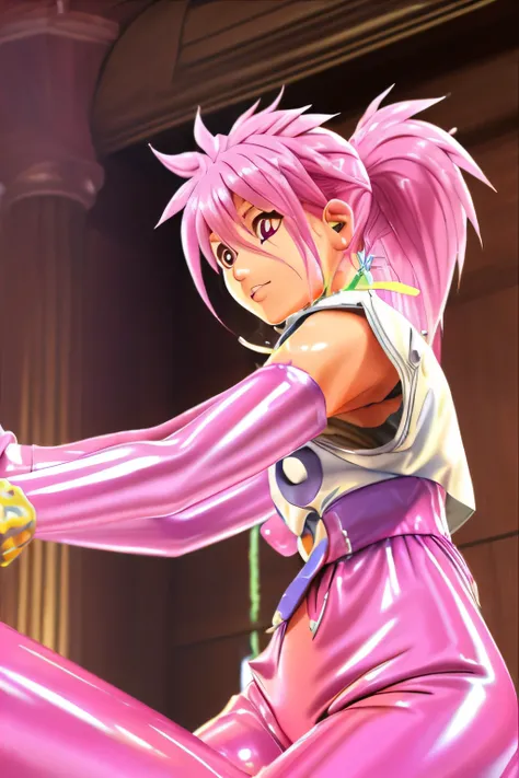[[[NSFW]]]　perfect anatomy　Highest Quality,highest resolution,(((shiny latex white clothes　shiny pink loose pants　shiny pink hair　Ponytail　Red Eyes　sweat　shiny skin)))　Tales of Fantasia　Arche 