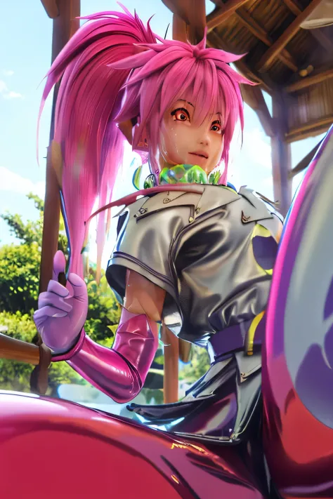 [[[NSFW]]]　perfect anatomy　Highest Quality,highest resolution,(((shiny latex white clothes　shiny pink loose pants　shiny pink hair　Ponytail　Red Eyes　sweat　shiny skin)))　Tales of Fantasia　Arche 